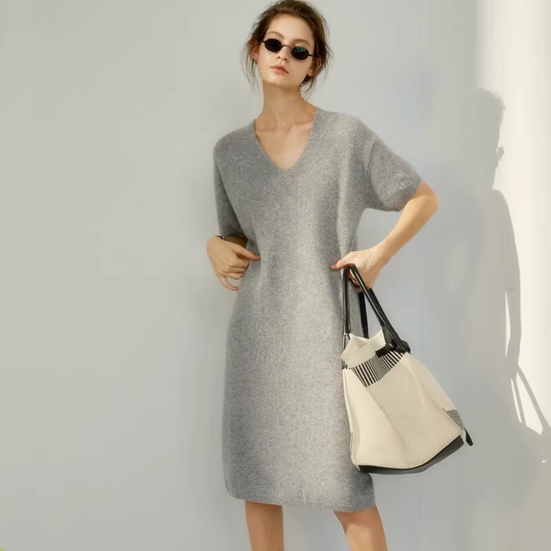 Autumn New Style Lazy V-Neck Cashmere Dress for Women, V-Neck Three-Quarter Sleeve Mid-Length Over-The-Knee Sweater Dress, Loose Knit Dress