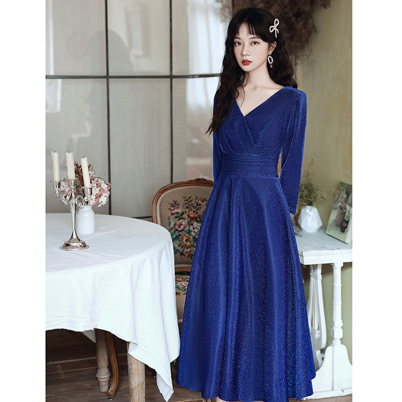 Evening Dress, Feminine, Classy, Light Luxury, Niche, High-End, Royal Blue, Petite, Long-Sleeved, Coming-Of-Age Ceremony Dress