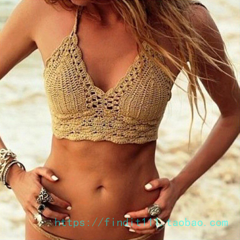 New 13 Colors Find European and American Bikini Handmade Crochet Sexy Bra Beach Backless Lined Swimsuit