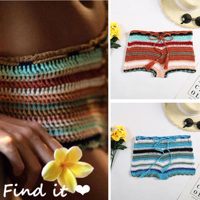 Multi-color vacation-style hot pants, a new cross-border product from Europe and America, hand-hooked woven beach sexy striped intercolor shorts