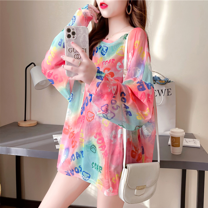 Long-Sleeved T-Shirt for Women, Summer Korean Style, Loose Mid-Length Thin Mesh Tie-Dye Sun Protection Shirt, Air Conditioning Shirt, Cover-Up Top Long-Sleeved T-Shirt for Women, Summer Korean Style, Loose Mid-Length Thin Mesh Tie-Dye Sun Protection Shirt, Air Conditioning Shirt, Cover-Up Top