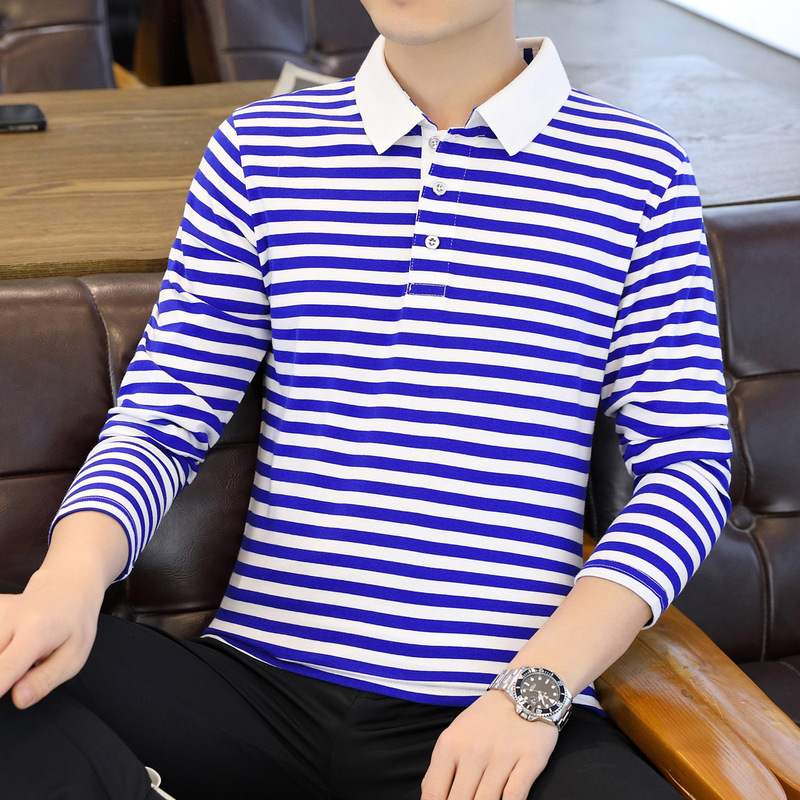 Couple's Navy Blue and White Striped Collared Long-Sleeve T-Shirt for Men, Spring and Autumn Casual Cotton Polo Shirt