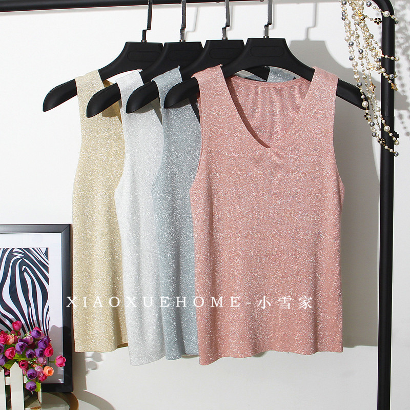 Mùa hè màu hồng V-cổ lụa sáng đan đan đáy áo ngắn đoạn ngắn Không tay ngoài mặc vest hàng đầu thời trang công sở nữ cao cấp