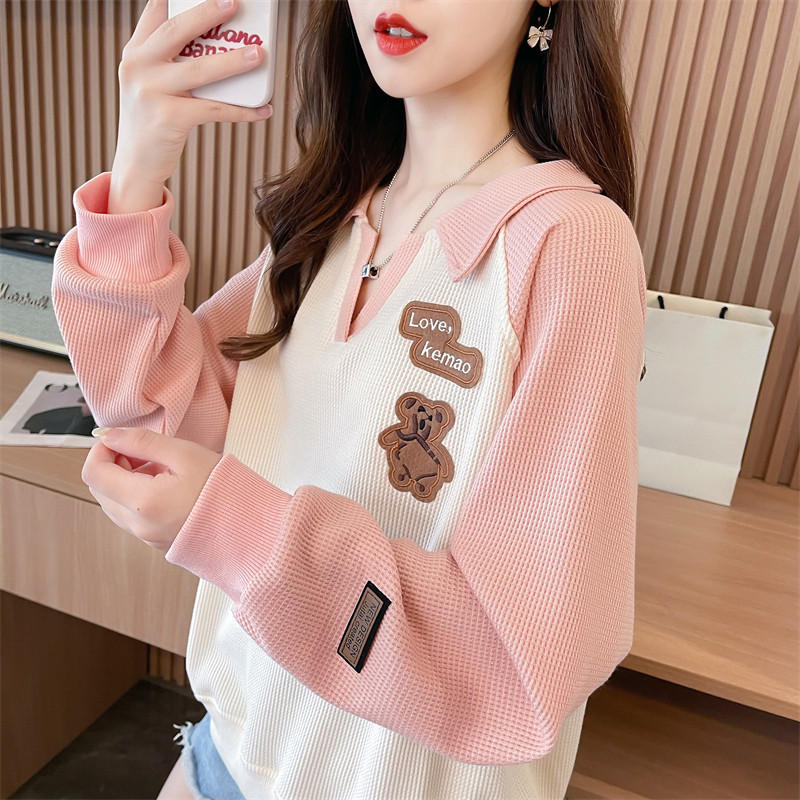 2026 Spring and Autumn New Style Petite Long Sleeve T-Shirt Women's Polo Shirt Loose Plus Size Color Block Embroidered Thin Sweatshirt