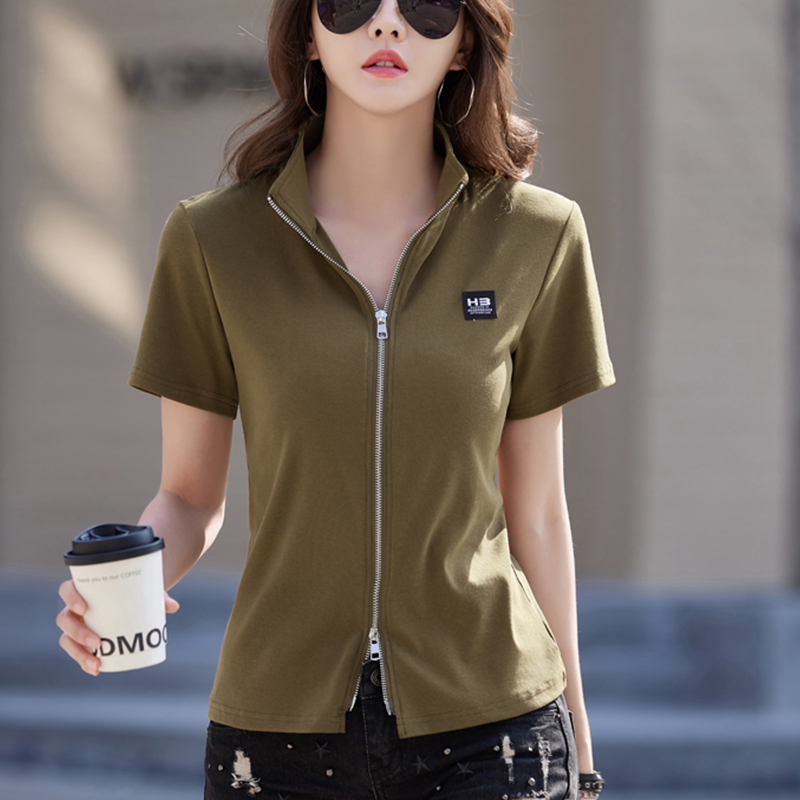 High-End Zipper Lapel Short-Sleeved T-Shirt for Women 2026 Summer New Style Pure Cotton Stylish Base Shirt Women's Regular Shoulder Top