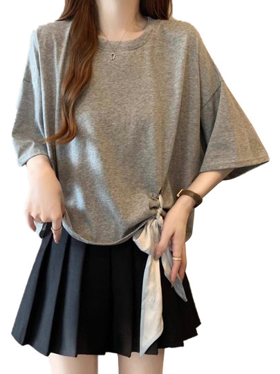 Новая летняя шелковая футболка-поло 2025 года с коротким рукавом, больших размеров, для полных женщин, серая, утягивающая, скрывающая живот, с рукавом до локтя