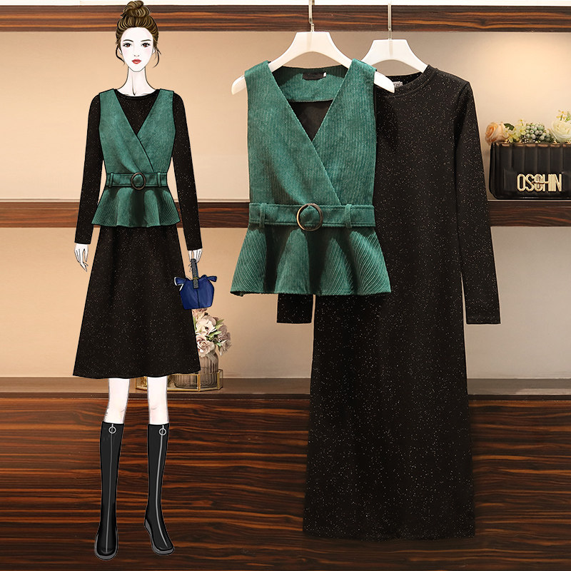 2022 Fat younger sister Early spring new big size women's clothing Slim And Slim-age Hood Meat Cardio-machine Two-style Ocean Dress