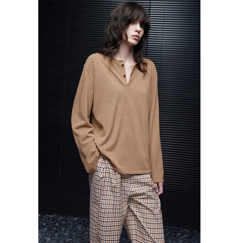 Moment Light Brown Henley Collar Sweater Knitwear for Women 2025 Early Autumn New Style Loose Casual Lazy Relaxed Feel