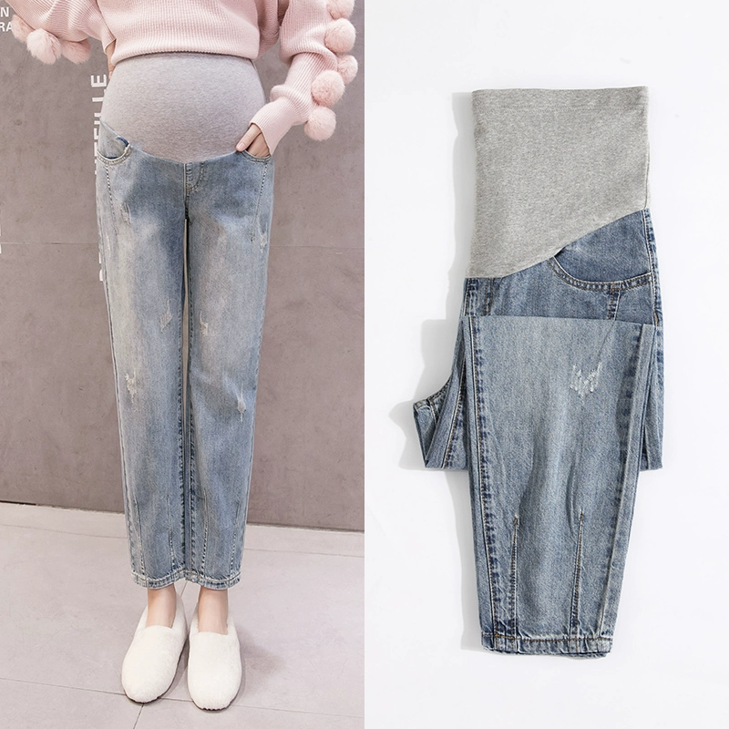 Quần bà bầu mùa xuân và mùa thu mỏng dành cho bà bầu Quần jeans bụng chín điểm mùa xuân và mùa hè mặc quần tây thời trang - Phụ nữ mang thai quần / quần bụng