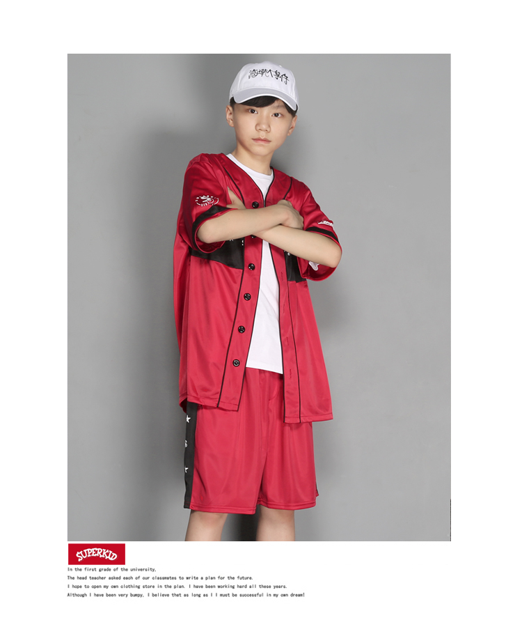 Hip hop boy nhảy đường phố phù hợp với quần áo hiphop bóng chày quần ngắn tay trẻ em đường phố trang phục khiêu vũ mùa hè - Trang phục shop bán đồ trẻ em