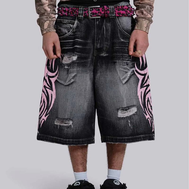 Jaded London Wash Blade Colossus Jorts Washed Printed Distressed Denim Shorts