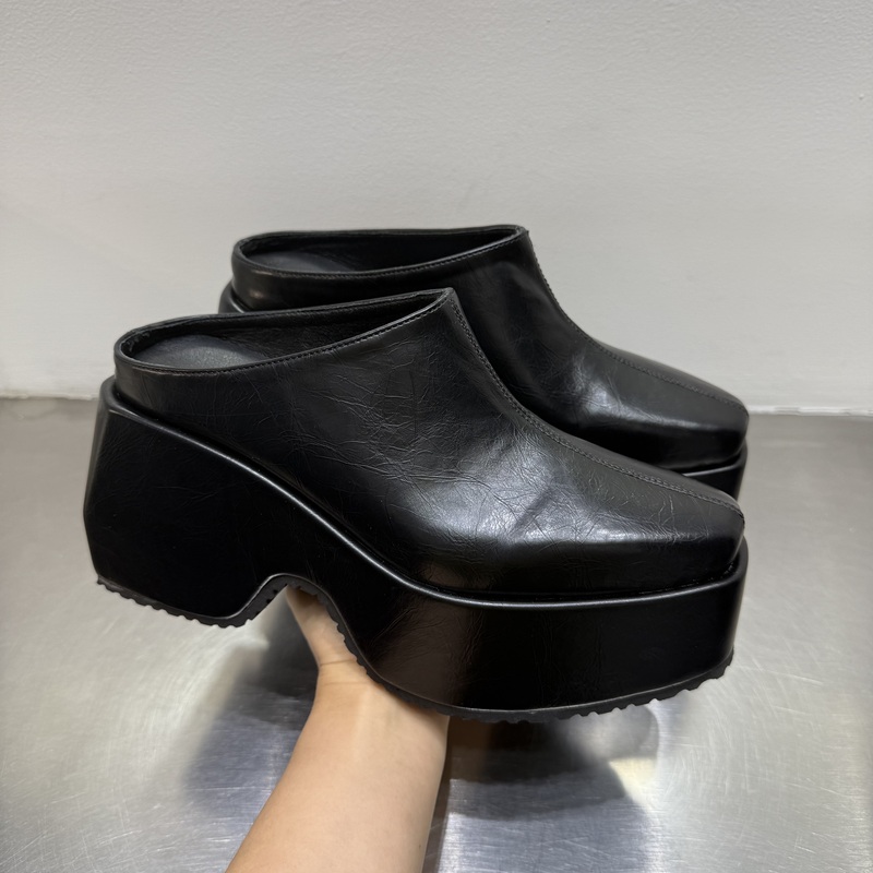 2026 New European and American Style Black Thick-Soled Mules for Women, Wedge Heel Slip-On Height-Increasing Lazy Shoes with Platform Sole