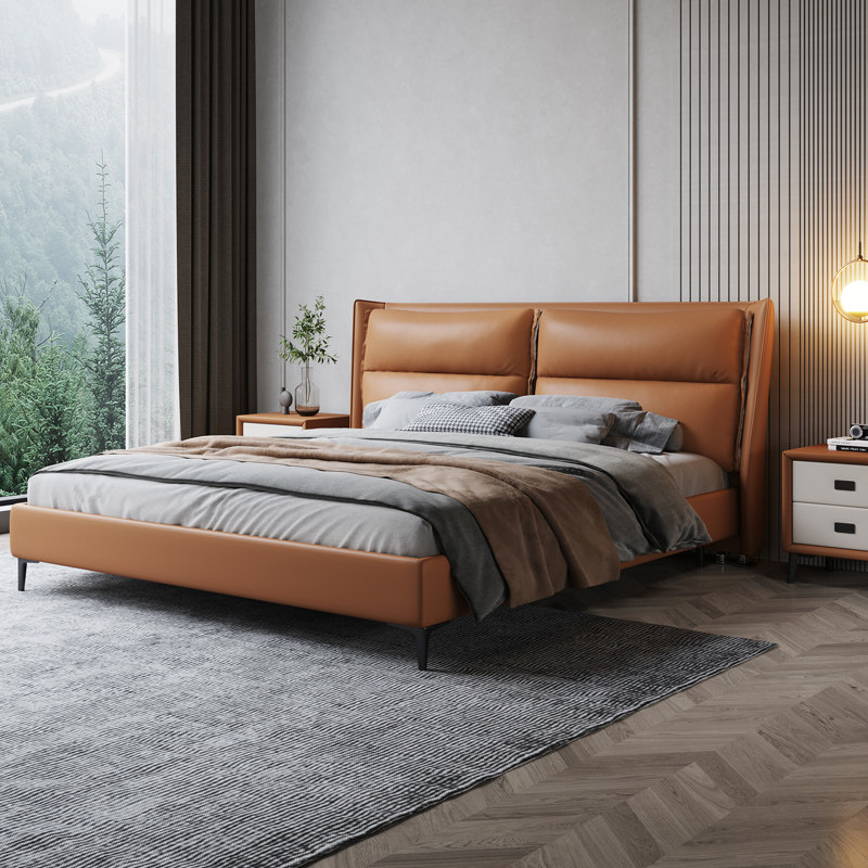 Italian Minimalist Leather Bed Modern Minima Light Luxury Real Leather Bed 1 8 m Double Bed Master Bedroom Nordic Small-to-be-shaped wedding bed