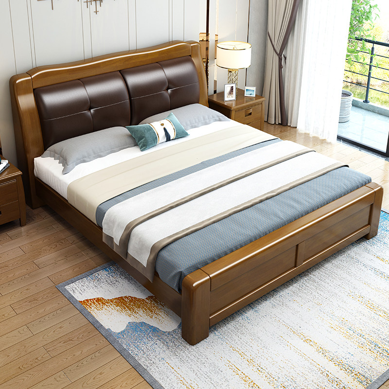 Solid wood bed master bedroom 1 8m 1 5m modern minimal bedroom storage soft pack wedding bed new Chinese queen bed