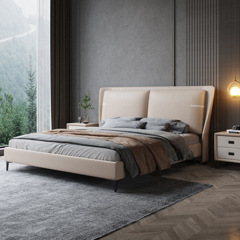 Real leather bed light extravagant modern Italian style extremely simple leather bed master bedroom with large bed Nordic minimalist double bed 1 8 m software bed