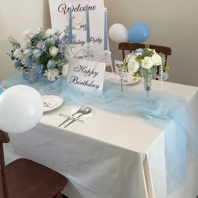 Hotel Private Room Birthday Decoration High-End Blue Table Veil Banquet Atmosphere Hanging Veil Restaurant Table Decoration Long Mesh Veil Hotel Private Room Birthday Decoration High-End Blue Table Veil Banquet Atmosphere Hanging Veil Restaurant Table Decoration Long Mesh Veil