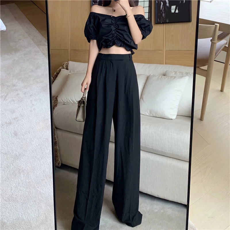 Комплект, весенняя футболка, брюки, 2020, рукава фонарики, западный стиль, высокий пояс