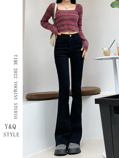 Black bell-bottomed high-waisted jeans for women 2024 new style slim-flared floor-length horseshoe pants spring and autumn women's clothing