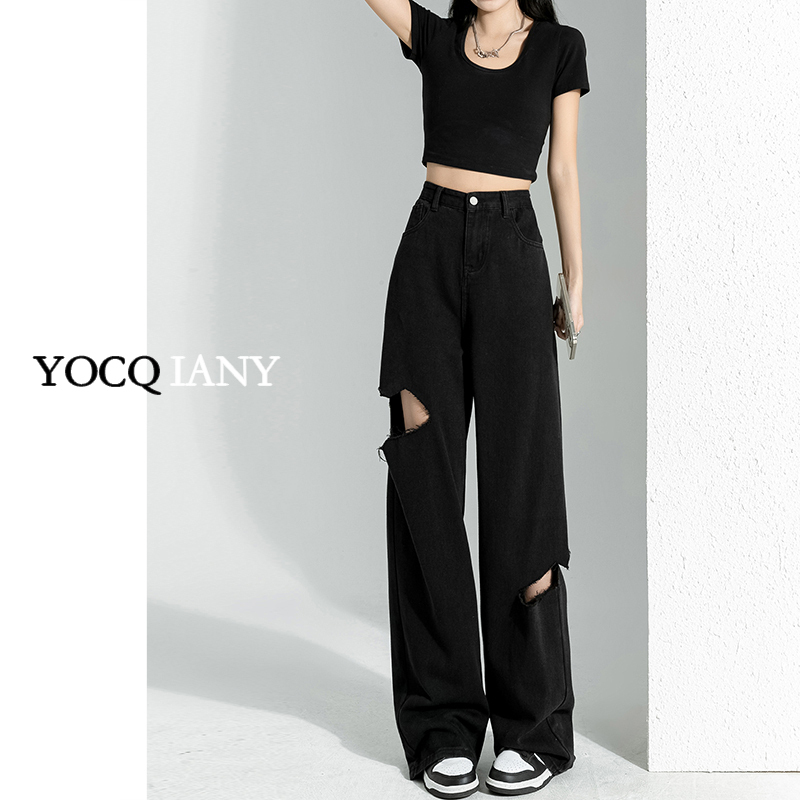 Black Ripped Denim Women's High Street Straight-Leg Distressed Summer Thin Loose Drape High-Waisted Wide-Leg Floor-Length Pants Trendy