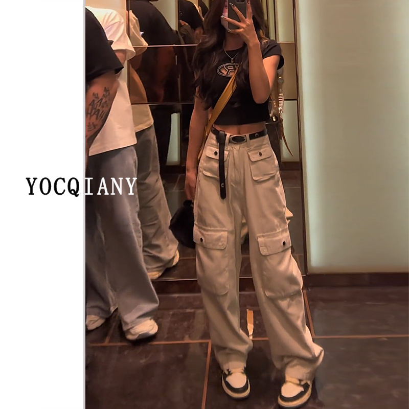 American-Style Sand-Colored Cargo Pants for Women, Summer High-Street New Design, Multi-Pocket, Loose, Slimming, Wide-Leg Pants, Trendy American-Style Sand-Colored Cargo Pants for Women, Summer High-Street New Design, Multi-Pocket, Loose, Slimming, Wide-Leg Pants, Trendy