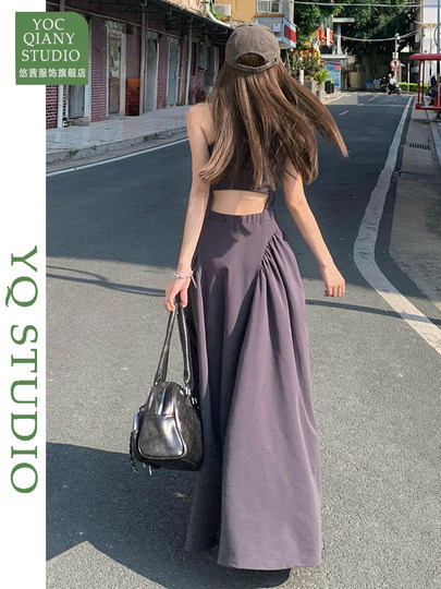 French-Style Slim-Fitting, High-End, Elegant Dress with Backless Design, Sexy Waist-Cinching, Flared A-Line Long Dress