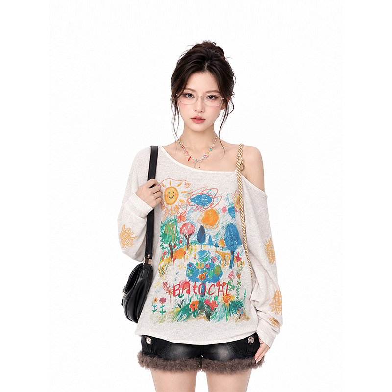 Kk Soul Lazy Style Hand-Drawn Graffiti Cartoon Print Top Sun Protection Cover-Up Thin Long-Sleeve Off-Shoulder Camisole T-Shirt Kk Soul Lazy Style Hand-Drawn Graffiti Cartoon Print Top Sun Protection Cover-Up Thin Long-Sleeve Off-Shoulder Camisole T-Shirt