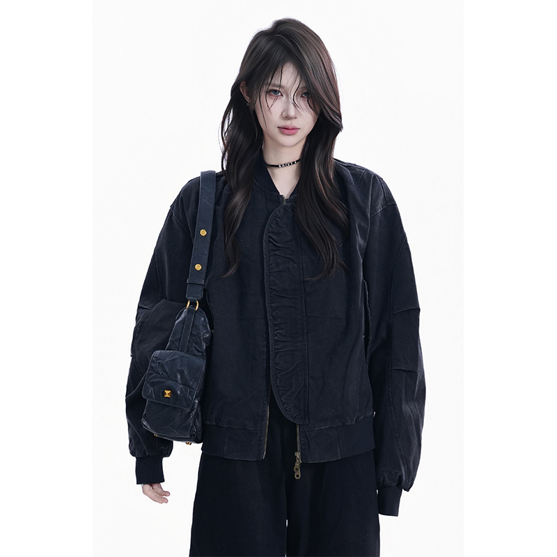 Kk Soul American Retro Black Washed Distressed Jacket Women's Autum New Aviator Loose Jacket Top