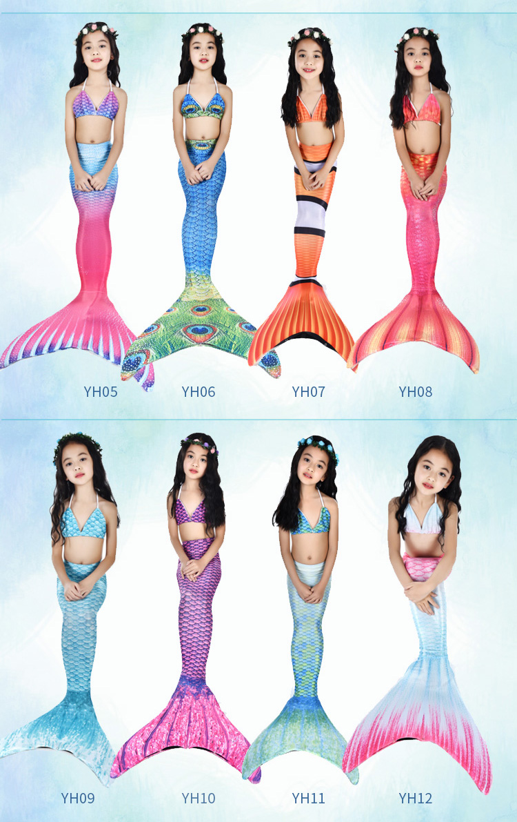 Trẻ em của nàng tiên cá áo tắm nàng tiên cá đuôi cô gái mermaid costume swimwear ba mảnh có thể được trang bị mắt cá chân