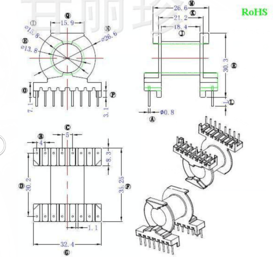 PQ3230 transformer magnetic core skeleton single sink horizontal 8 8 copper wire adhesive tape ten cover pack