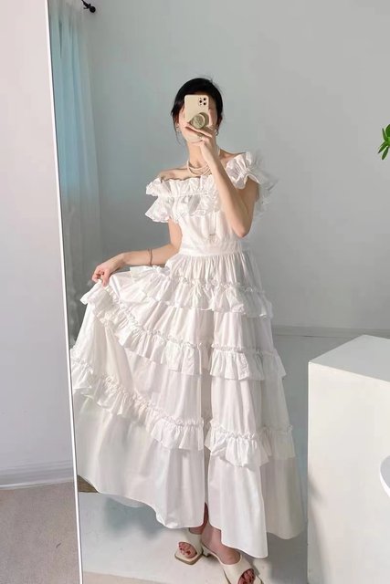 2022 summer French one-word collar off-the-shoulder wooden ears tube top dress fairy seaside holiday long skirt dress