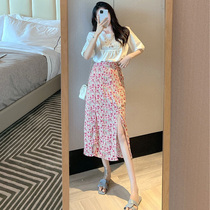 Big code Summer 2020 new ladies hollowed-out shirt open fork 100 lap high waist crushed flowers with long and half body dress suit