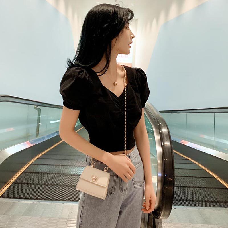 Large size summer puff sleeve black top high waist wide pants straight drop feeling mopping dad jeans suit women