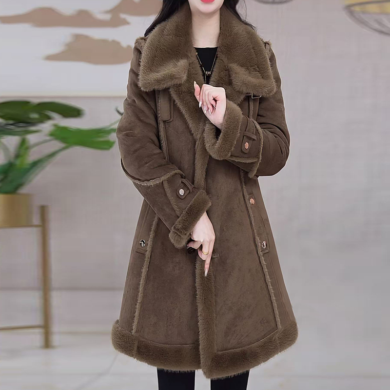 Light Luxury Style Fur Integrated Coat for Women, Winter Fleece-Lined and Thickened, Stylish Mid-Length Woolen Coat, Cotton-Padded Jacket