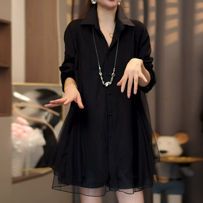 High-End Fashion Lightweight Mesh Shirt Top for Women, Autumn Plus Size Women's Clothing, Loose Korean Style Age-Reducing Shirt Blouse