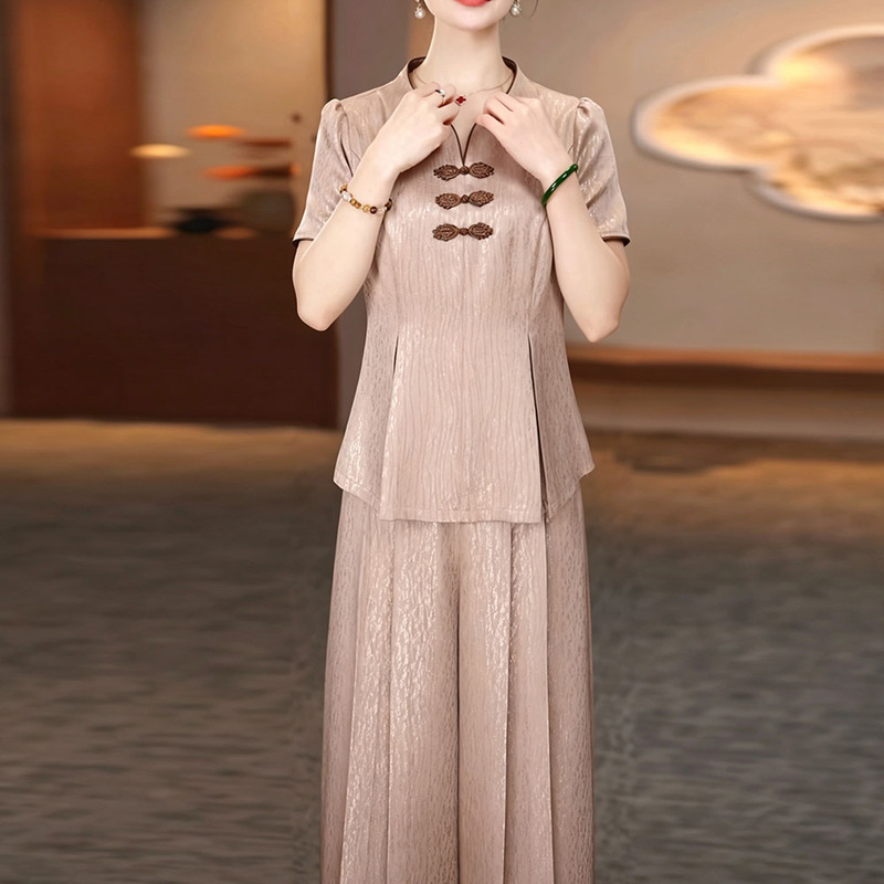 Elegant Chinese-Style Button-Up Top and Wide-Leg Pants Two-Piece Set, Cool and Silky Ice Silk Satin Suit for Women in Summer