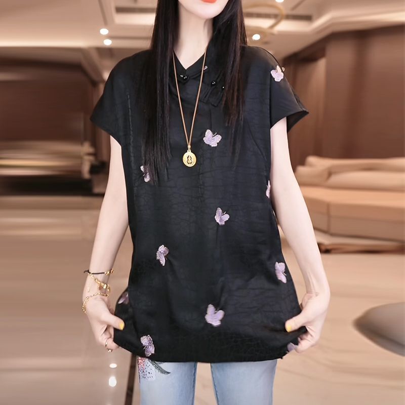 New Chinese-Style Heavy Embroidery Top for Women, Summer 2026 New Model, Stand-Up Collar T-Shirt, Stylish and Versatile Shirt New Chinese-Style Heavy Embroidery Top for Women, Summer 2026 New Model, Stand-Up Collar T-Shirt, Stylish and Versatile Shirt