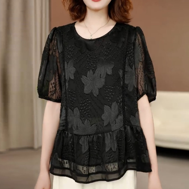 Exquisite and Fashionable Heavy Lace Embroidered Round-Neck Top for Women, New Summer Style, Elegant Lady's Tummy-Concealing Slimming Black Blouse