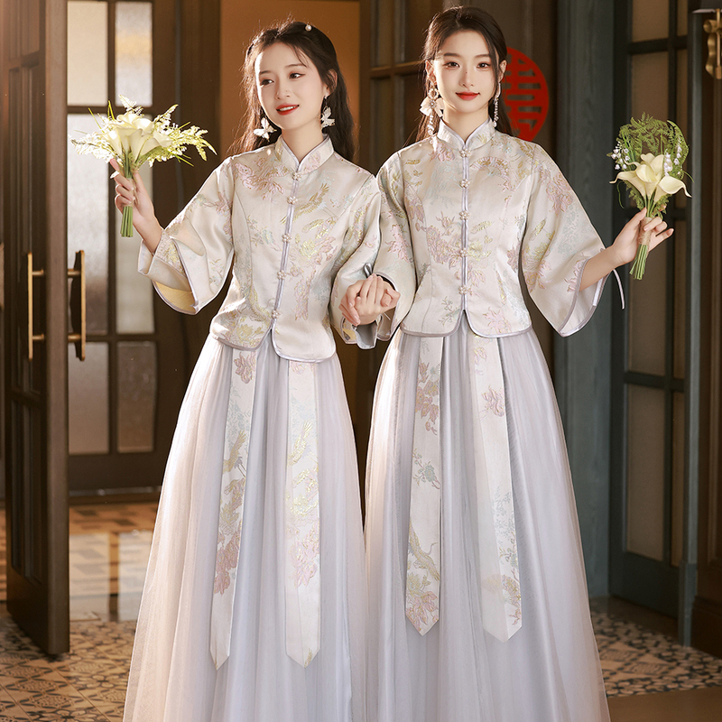 Chinese-Style Bridesmaid Dresses 2026 New Cheongsam Chinese Style Autumn and Winter Sister Group Slimming High-End Wedding Dress Women's Clothing
