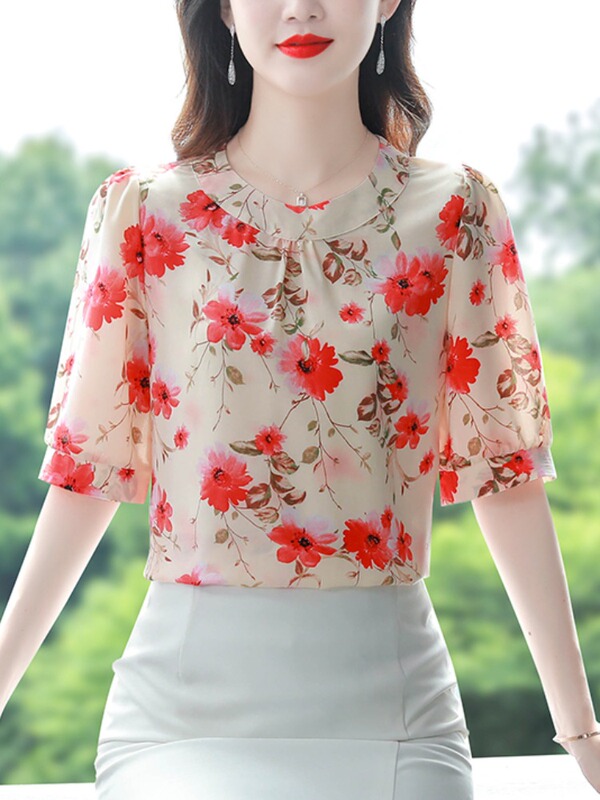 Short-Sleeved Floral Round-Neck Chiffon Shirt for Women, Summer Wear, 2026 New Style, Elegant and Fashionable Versatile Blouse for Moms Short-Sleeved Floral Round-Neck Chiffon Shirt for Women, Summer Wear, 2026 New Style, Elegant and Fashionable Versatile Blouse for Moms