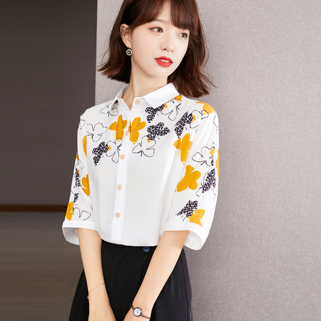 2023 summer new lapel thin white chiffon shirt high-quality printed casual loose mid-sleeved top women