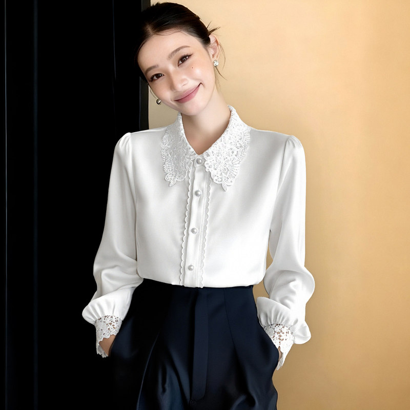 White Lace-Up Collar Lace Hollow-Out Patchwork Satin Shirt for Women, 2026 Spring and Autumn, Elegant Professional Commuting Interview Shirt