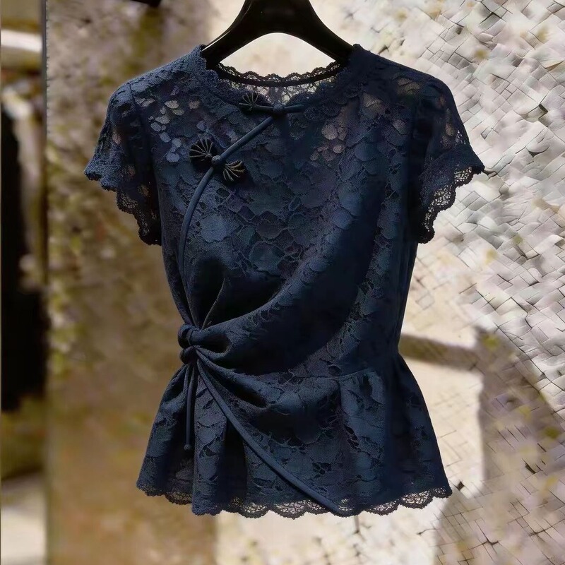 2026 Summer New Style Dark Blue Lace Short-Sleeved Top for Women with Lace-Up Waist and Asymmetrical Hem, Elegant Inner Wear