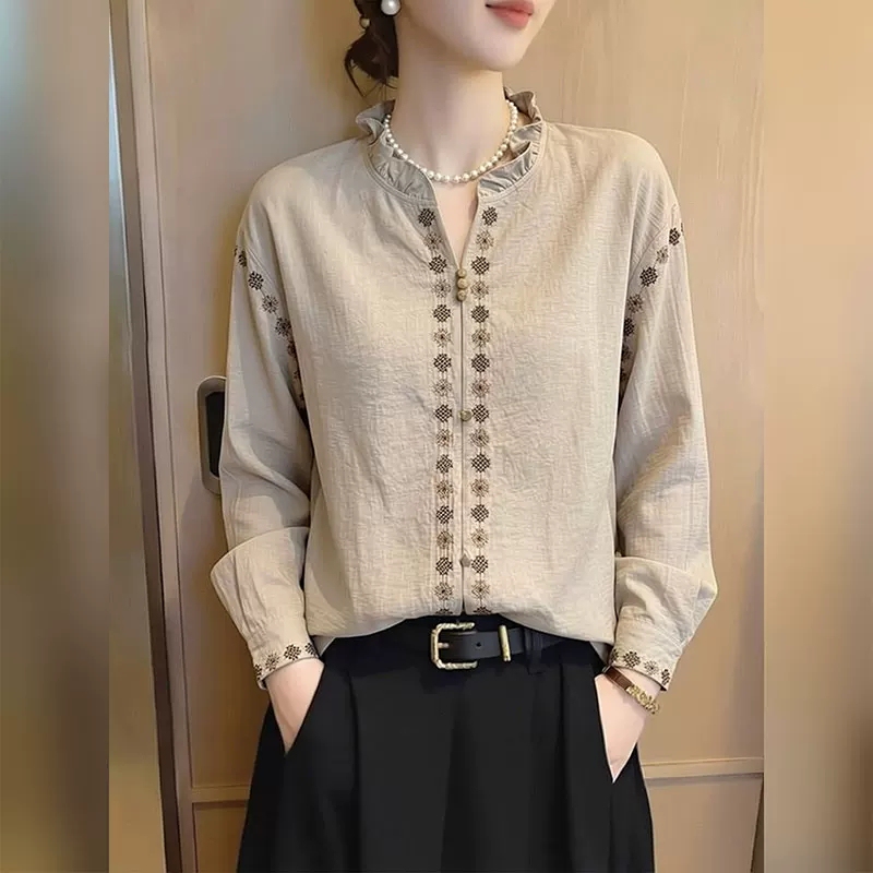 Hemp-Colored Ruffled V-Neck Embroidered Shirt for Women, Vintage Ethnic Style Lantern Sleeves, Loose and Elegant Long-Sleeved Blouse Top Hemp-Colored Ruffled V-Neck Embroidered Shirt for Women, Vintage Ethnic Style Lantern Sleeves, Loose and Elegant Long-Sleeved Blouse Top