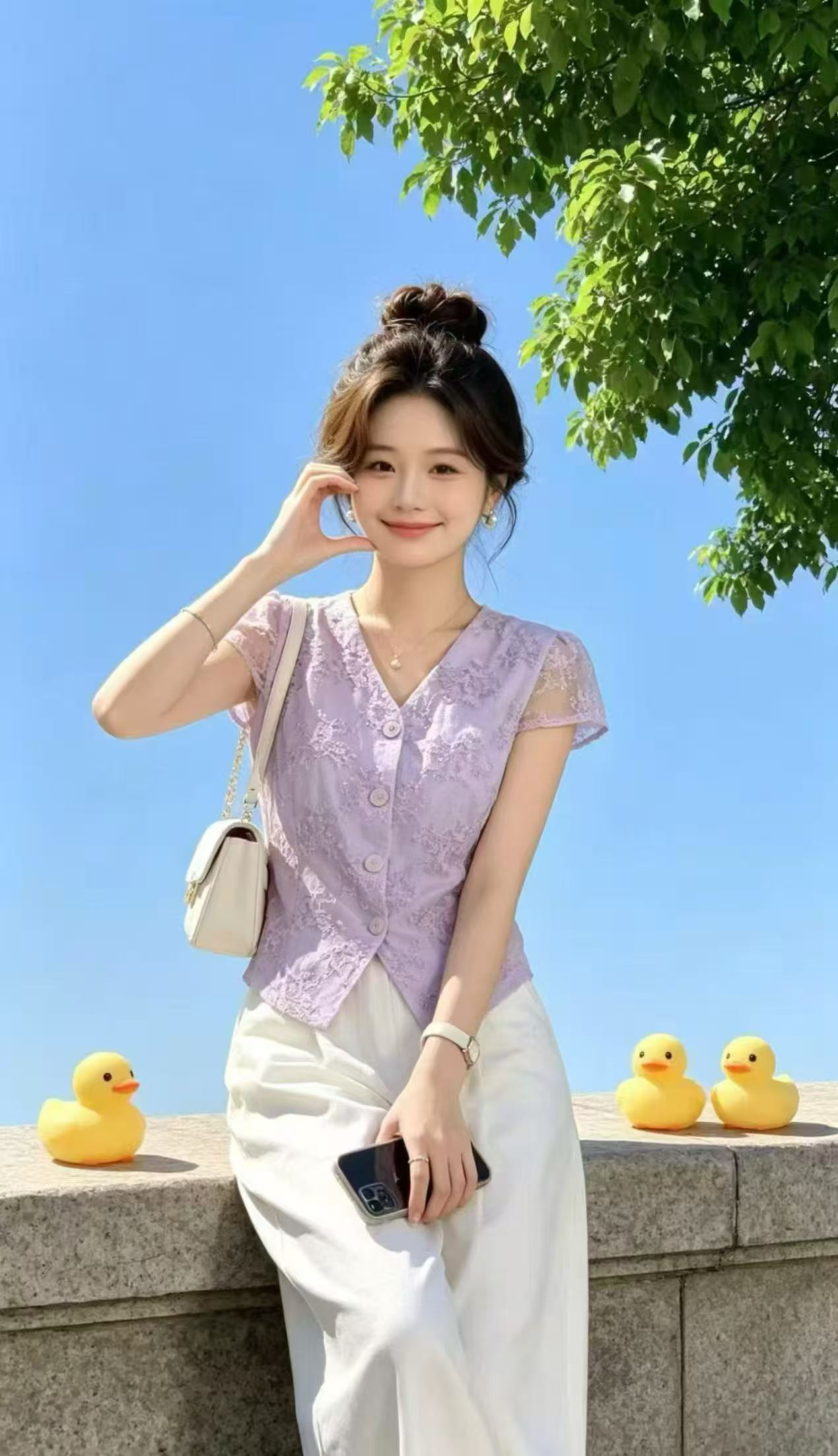 연한 자주색 망사 날다 소매 레이스 셔츠 여성 여름 새로운 싱글 줄 버튼 슬림해 보이는 작은 키 휴가 바람 쇼트 스타일 작은 셔츠 상세 이미지 2