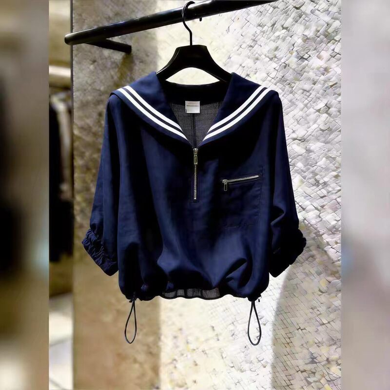 Navy Blue Loose-Fitting Five-Quarter Sleeve Shirt Women's Clothing 2026 Autumn College Style Super Popular Age-Reducing Top Navy Blue Loose-Fitting Five-Quarter Sleeve Shirt Women's Clothing 2026 Autumn College Style Super Popular Age-Reducing Top