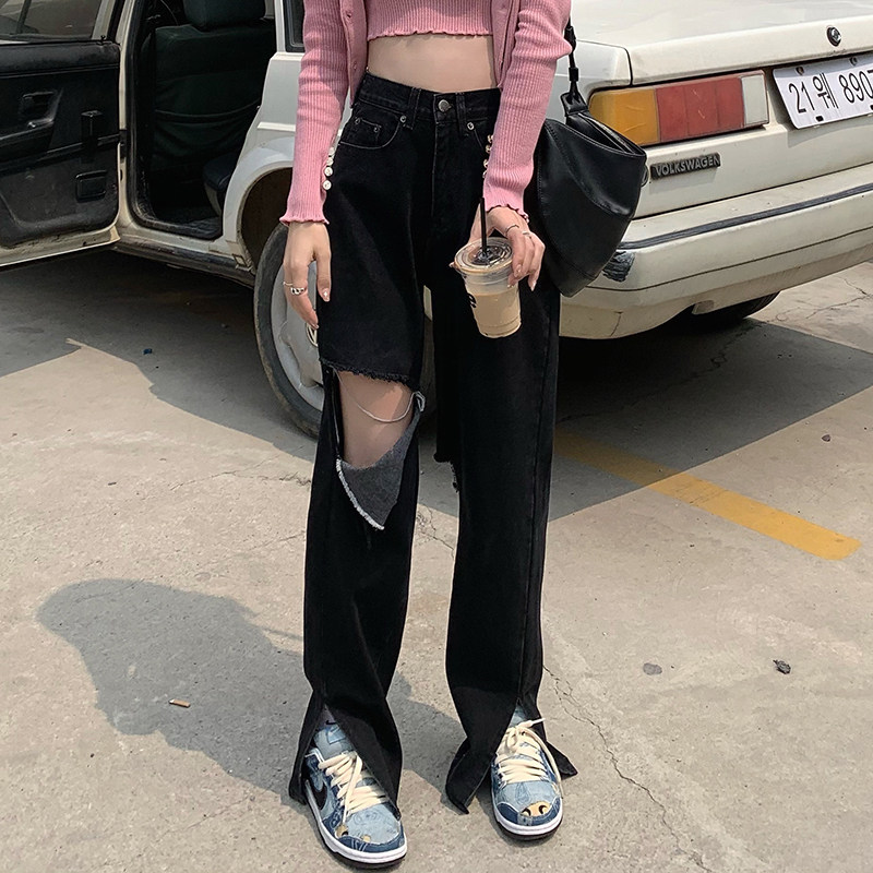 170 lengthened high waist beggar hole denim trousers female 175 tall trousers slit loose wide-leg pants