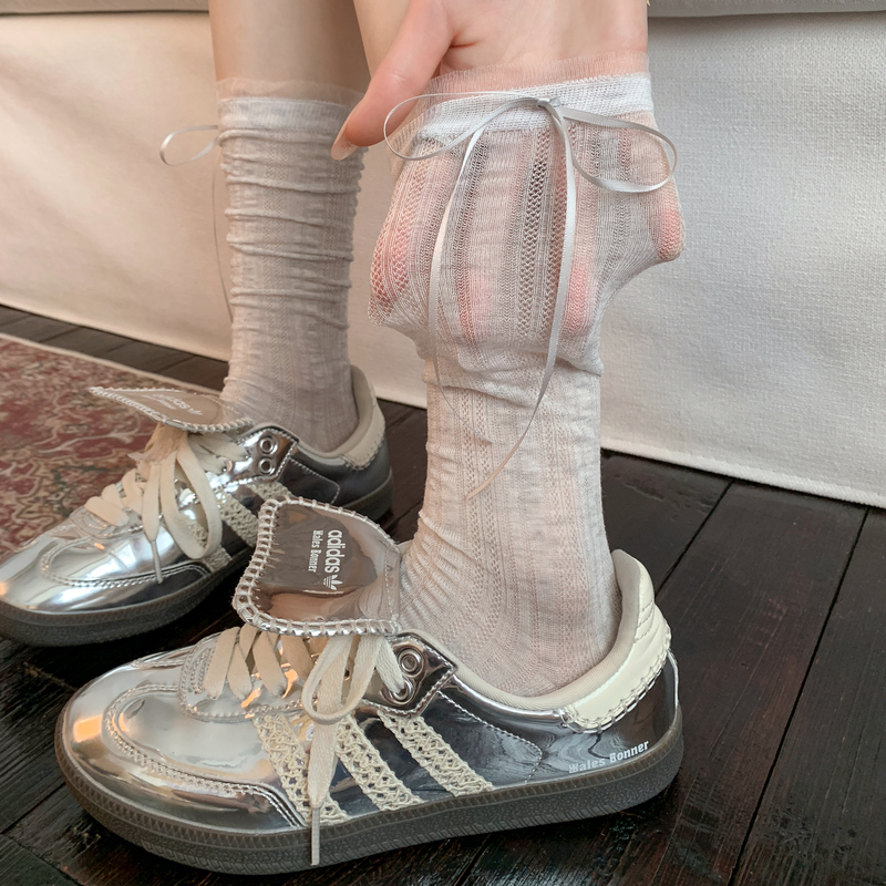 Gray Lace Calf Socks for Women, Summer Thin Style, Miu-Style Ballet Style, White Lace Bow, Ruched Long Socks