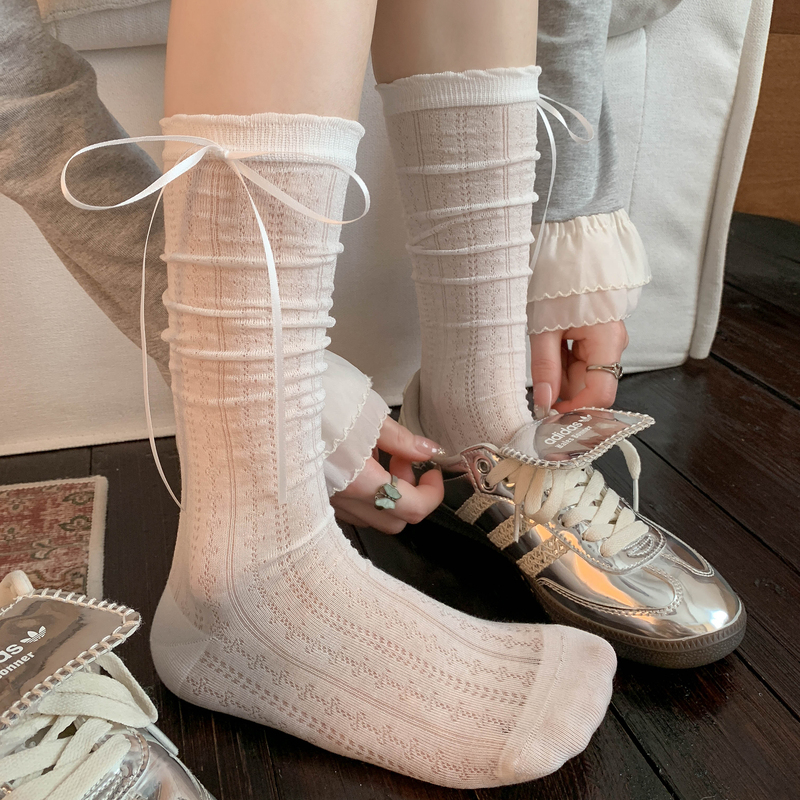 White Lace Calf Socks for Women, Summer Thin Style, Miu-Style Ballet Style, White Lace Bow, Ruched Long Socks