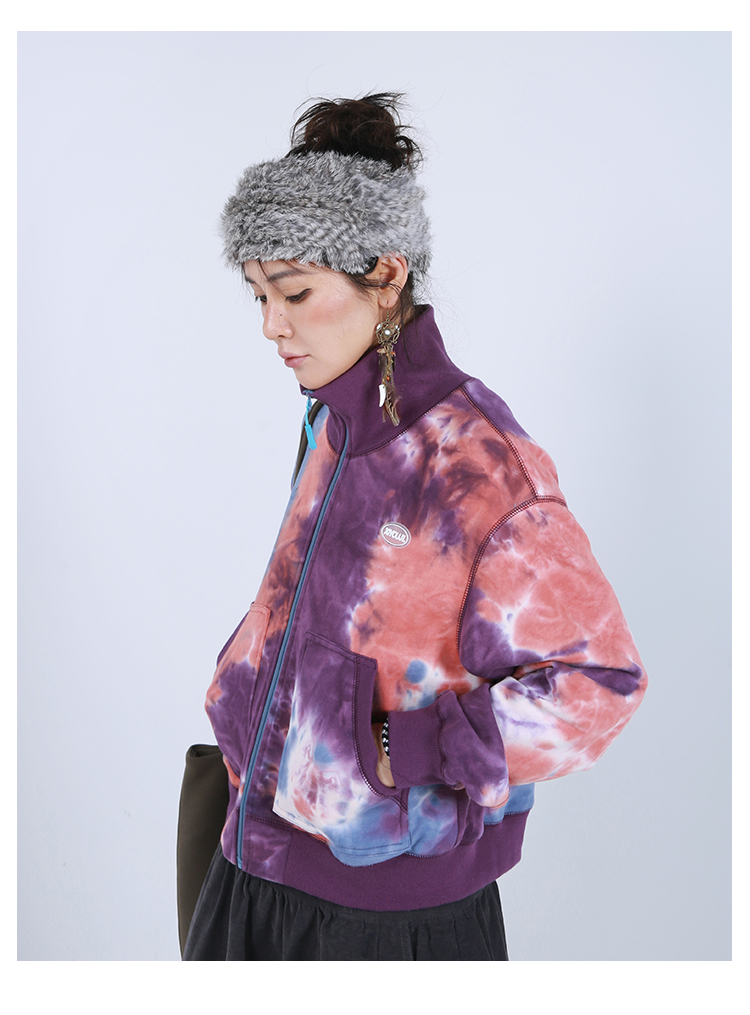 Women's small high collar tie-dyed cardigan sweater casual slim pure cotton baseball jacket - Women's Casual & Functional Jackets - Cotton & Hemp