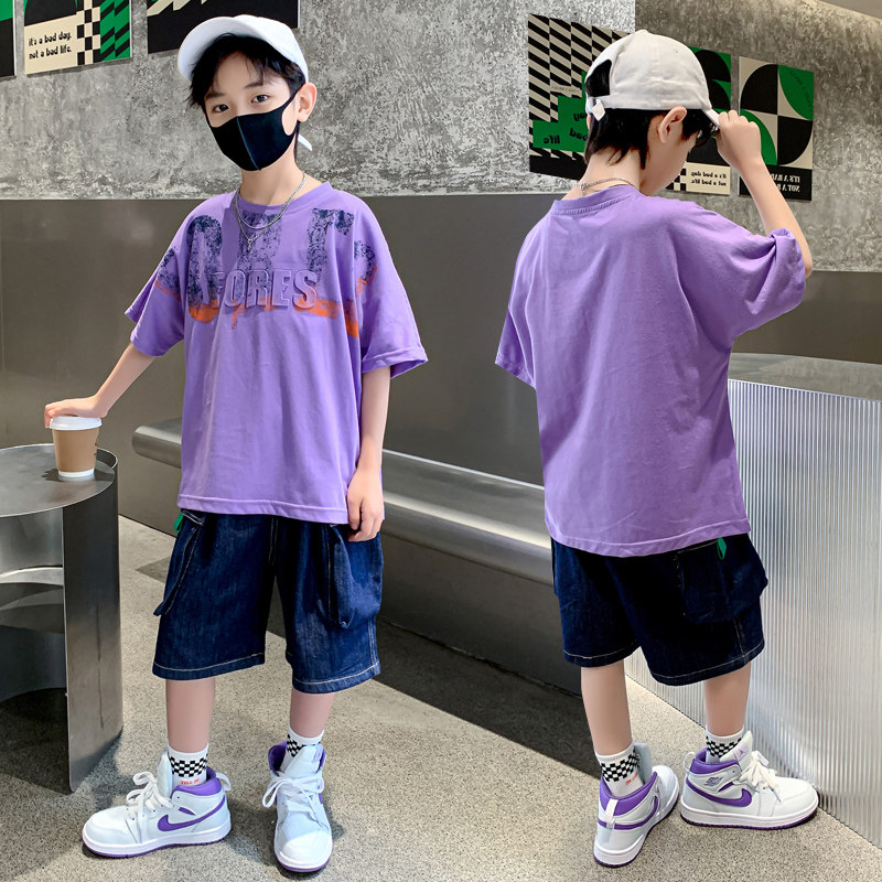 Boy's summer clothing casual suit new CUHK child Korean version letter T-shirt short sleeve jeans two sets thin section